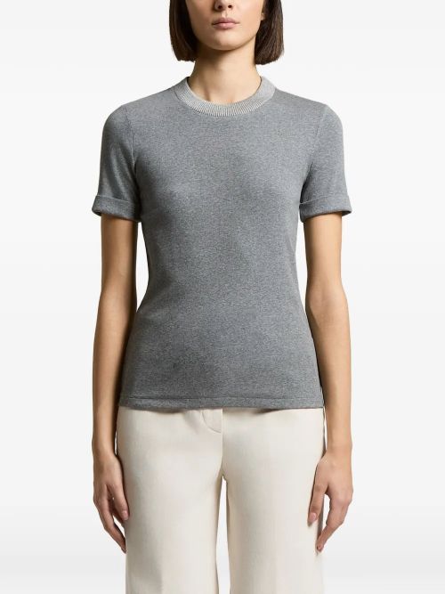 Ribbed-Knit Short-Sleeve Sweater — Gray