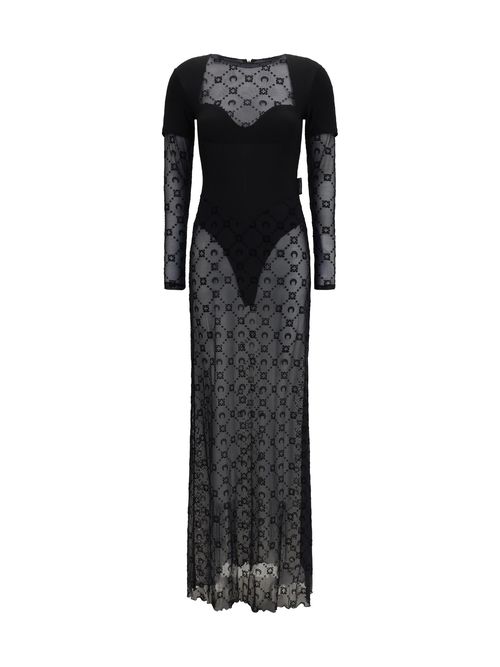 Layered Jersey and Mesh Dress — Black
