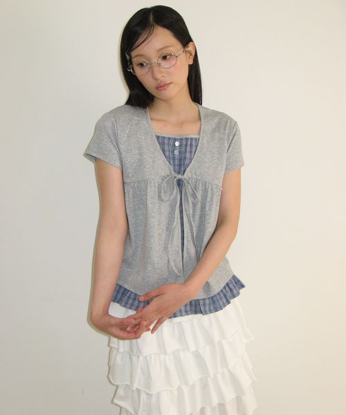 CARDIGAN LAYERED SOFT CHECK T SHIRT GREY