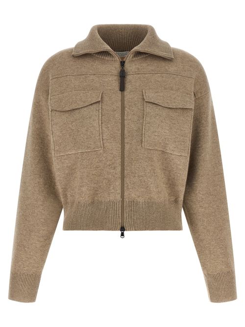 Shiny Zipper Pull Wool Cardigan