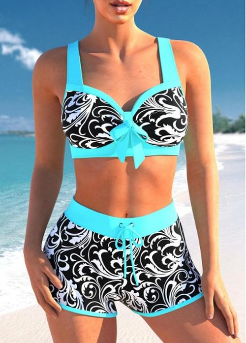 Modlily Contrast Stitch Cyan Floral Print Bikini Set