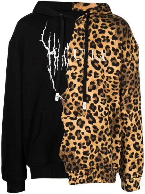 Paneled leopard-print logo hoodie - Black