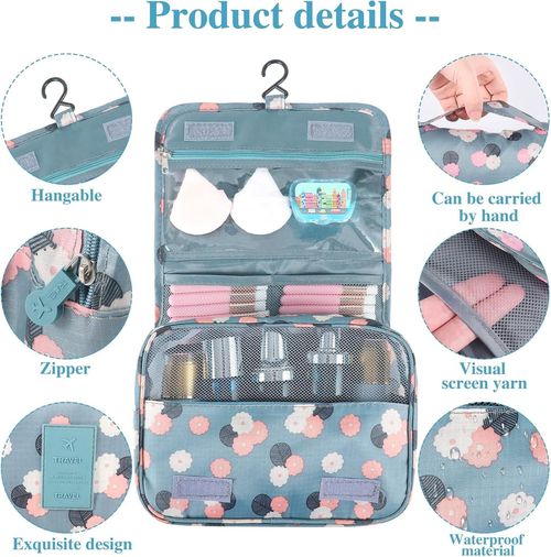 Toiletry Bag, Waterproof Hanging Cosmetic Bag Portable Travel Makeup Pouch Multifunction Handle Travel Toiletry Bag Organizer with Hook for Women Girls(Blue)