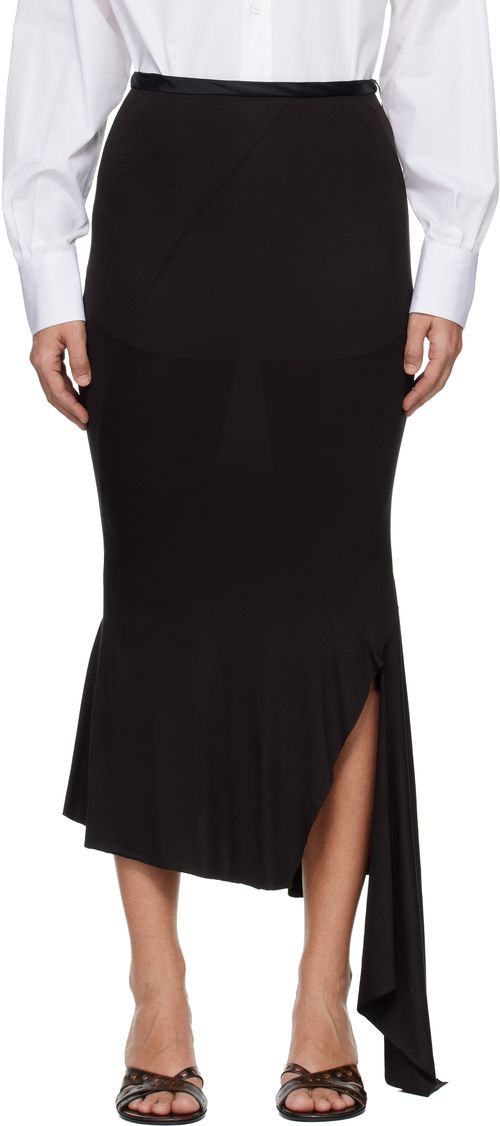 Black Jersey & Satin Fishtail Midi Skirt
