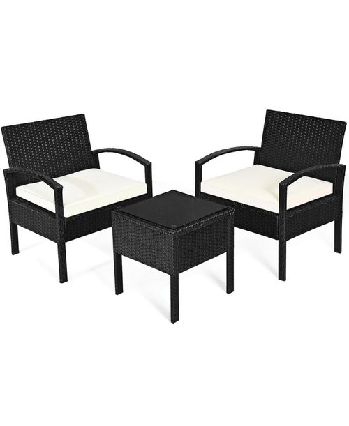 3PCS Patio Rattan Furniture Set Table & Chairs Set with Cushions - White