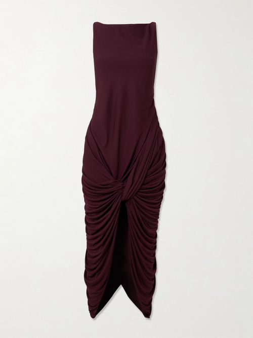 Twisted Gathered Jersey Midi Dress - Burgundy
