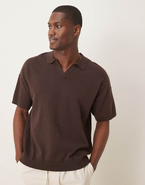 ASOS DESIGN relaxed boxy fit knit midweight cotton notch neck polo in brown