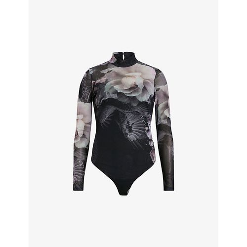 Womens Black Mono Elia Valley Graphic-print Long-sleeve Mesh Bodysuit