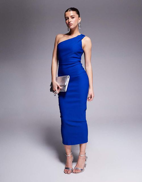 Vesper bengaline one shoulder strap bodycon midaxi dress in cobalt-Blue