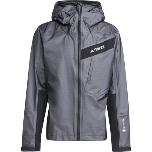 Adidas Mens Gore Act Hooded Neck Full Zipper Geometric Patterned Rain Jacket in Carbon - Grey - X-Sma