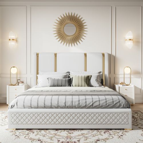 King Upholstered Bed Frame with Polished Gold and Faux Leather Headboard & Nightstands Set