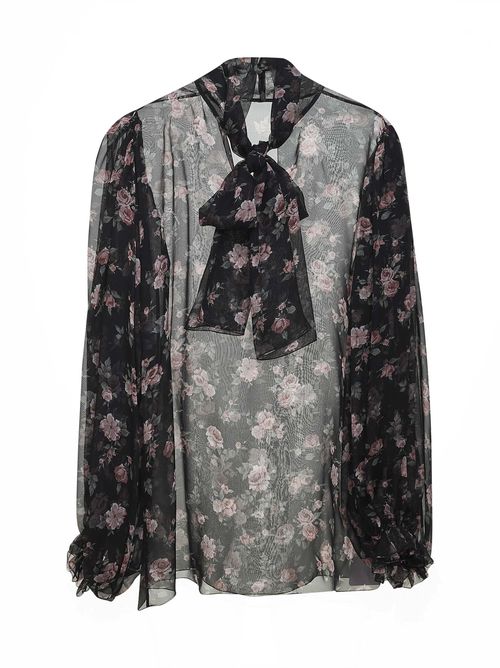 Vintage Rose Print Chiffon Dress — Black
