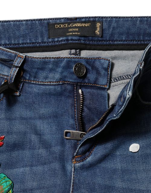 Floral-Embroidered Denim Jeans — Blue
