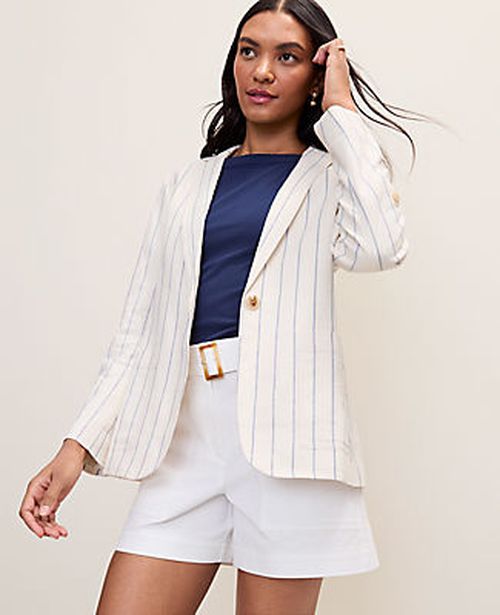 Ann Taylor Petite Weekend Striped Blazer in Linen Blend