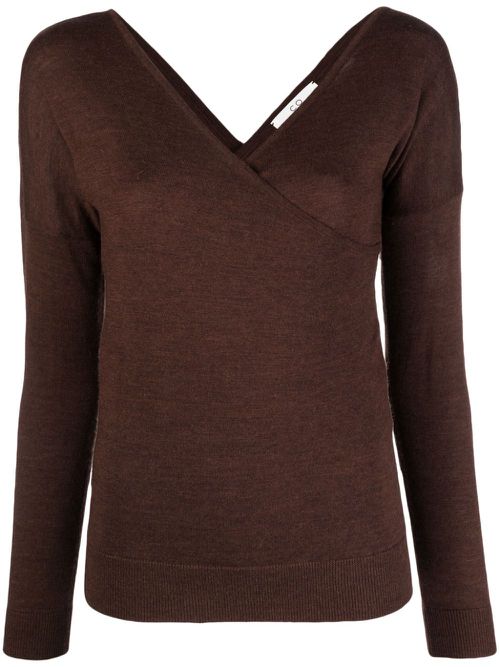 Crossover-neck fine-knit jumper - Brown