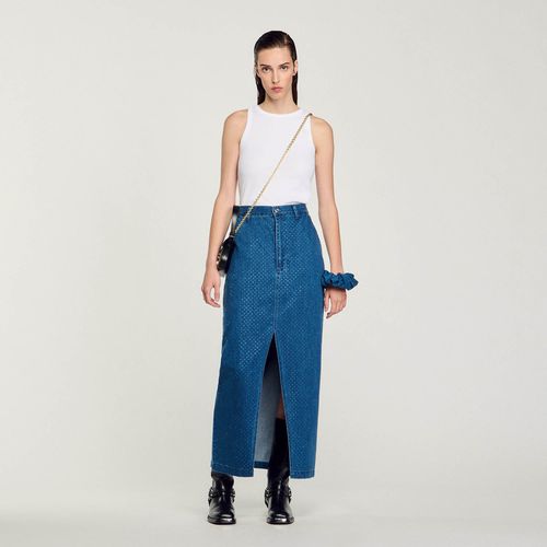 Cotton Diamante: Long denim skirt with tone-on-tone all-over rhinestones and front split