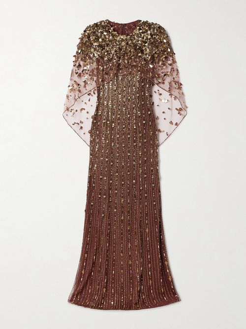 Nettie Cape-effect Embellished Sequined Tulle Gown - Metallic