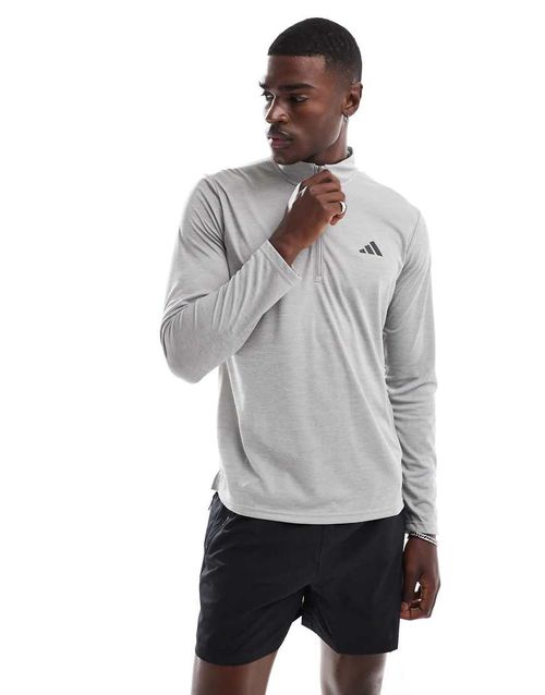 Adidas Training Essentials quarter zip long sleeve T-shirt in gray
