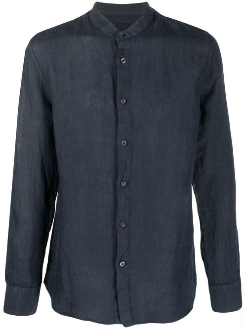 Band-collar linen shirt - Blue