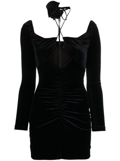 Rose-appliqué ruched velvet minidress - Black