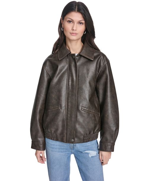 Women's Faux Leather Relaxed-Fit Bomber Jacket - Brown