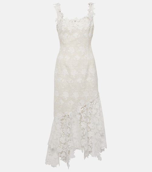 Floral lace-trimmed tweed midi dress