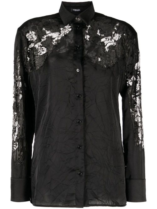 Sheer-lace crinkled satin shirt - Black