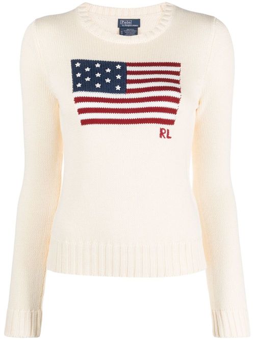 Women's American Flag Intarsia Crewneck Sweater with Embroidered Stars