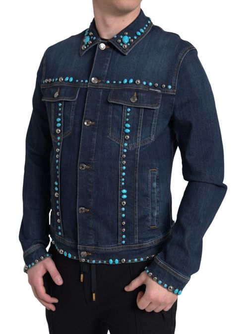 Turquoise Stone-Studded Denim Jacket — Blue
