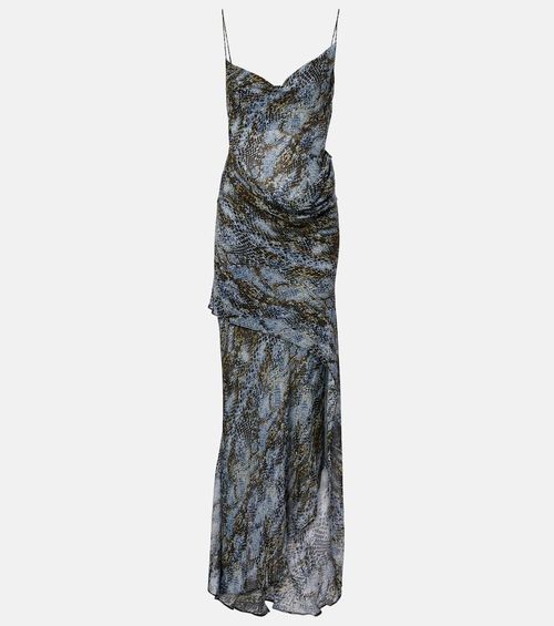 Snake-print draped silk maxi dress