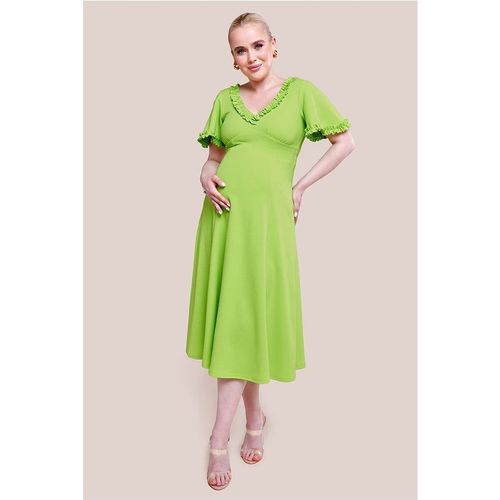 Goddiva Maternity Flare Sleeve Frill Edge Midi Dress - Lime Green