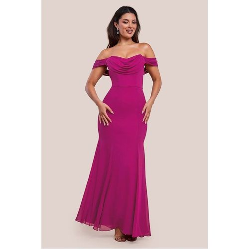 Goddiva Chiffon Bardot Cowl Neck Maxi Dress - Magenta