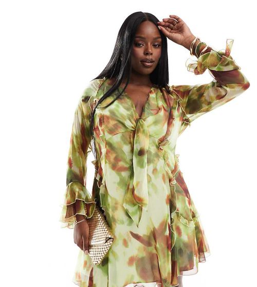 ASOS Curve | ASOS DESIGN Curve ruffle tie front plunge mini dress with  frill sleeves in green abstract print-Multi | Realry