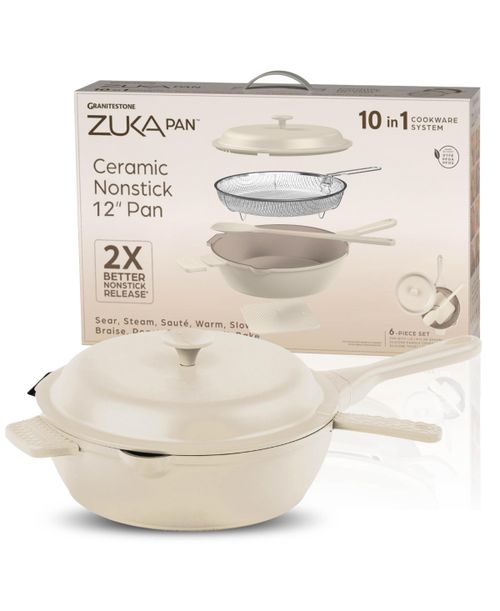 Zuka Everyday Pan 4.25 Qt. Ceramic 10 in 1 Nonstick Multi-Functional Saute Pan with Lid, Nylon Spoon, & Steamer Basket - Cream