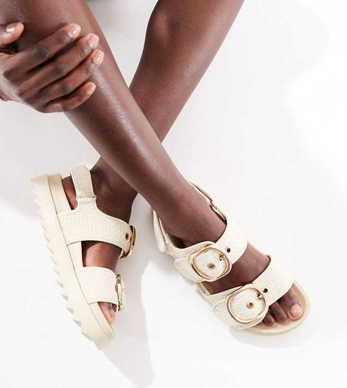 Stradivarius Wide Fit chunky flat sandal in ecru-Neutral