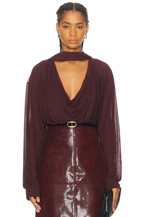 Atlein Draped Collar Blouse in Burgundy - Burgundy. 40 also
