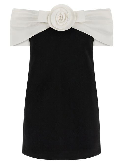 Sculptural Flower-Appliqué Off-Shoulder Dress — Black
