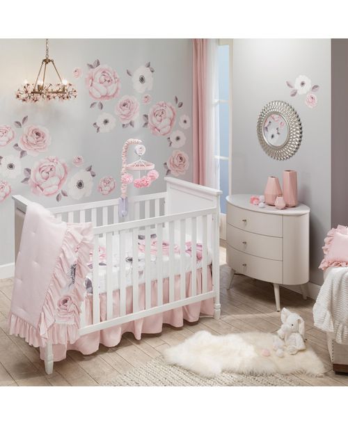 Floral Garden Watercolor/Pink Linen 5-Piece Baby Crib Bedding Set - Pink