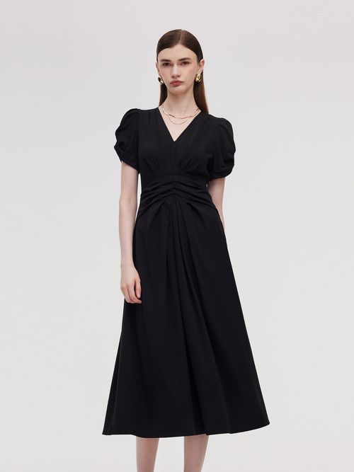 Pleated V-Neck Women Knit Maxi Dress