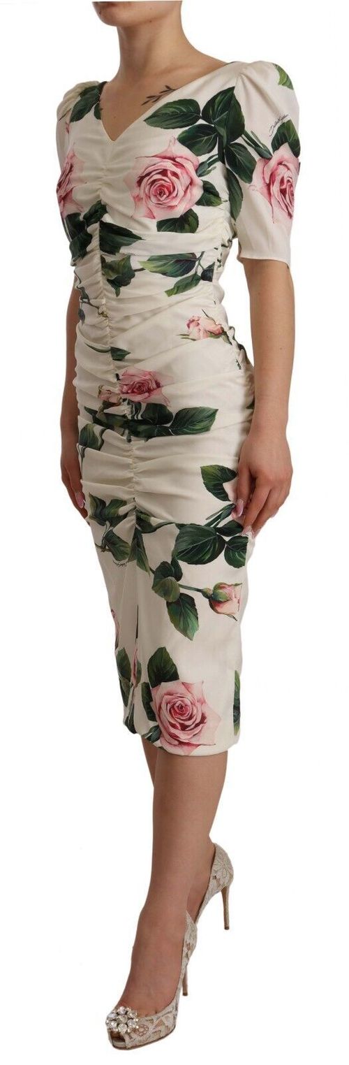 Floral Print Stretch Silk Dress — White