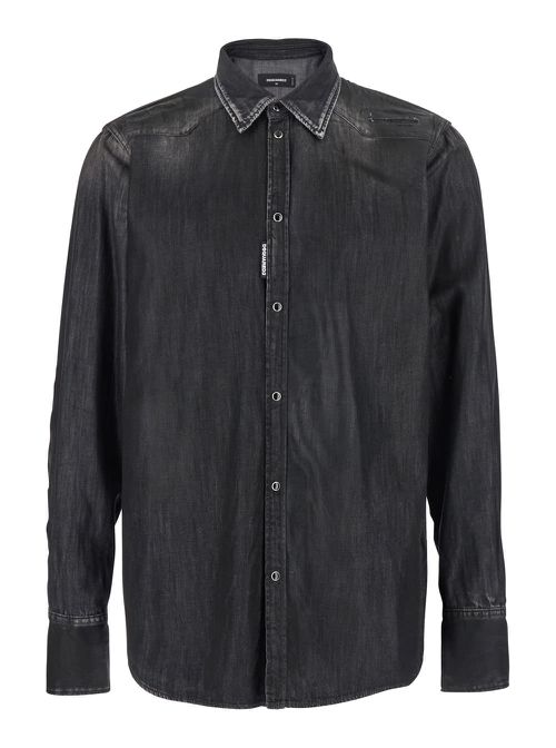 Classic Western Black Shirt With Distressed Details In Cotton Man