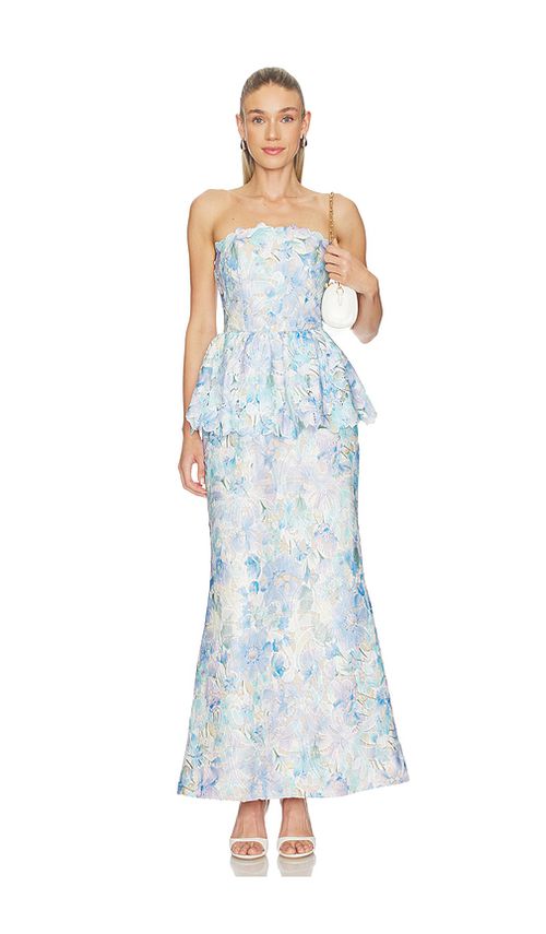 ELLIATT Kalissa Peplum Gown in Baby Blue. S. Also in L, M