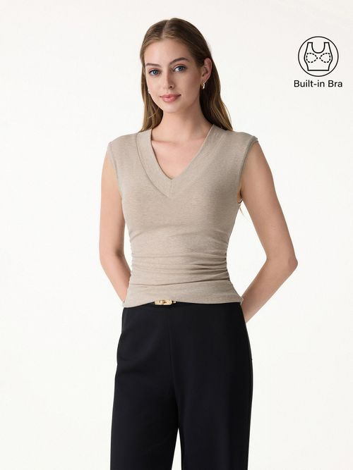 Sweat-Wicking V-Neck Wide Shoulder Ruched Bra Top - Heather Oatmeal