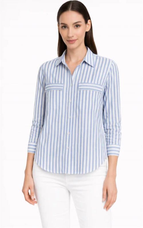 Classic Striped Button Down Top In Blue