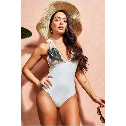 Goddiva Halter Neck Floral Embroidered Swimsuit - White