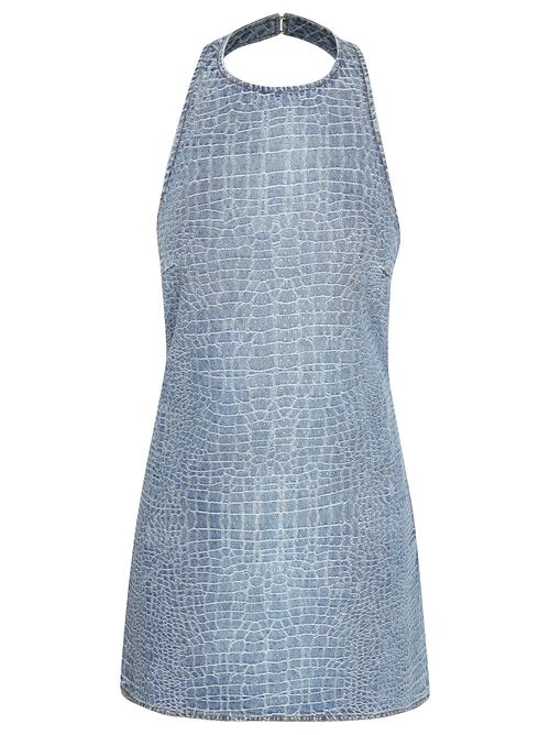 Rhinestone Croc-effect Denim Mini Dress