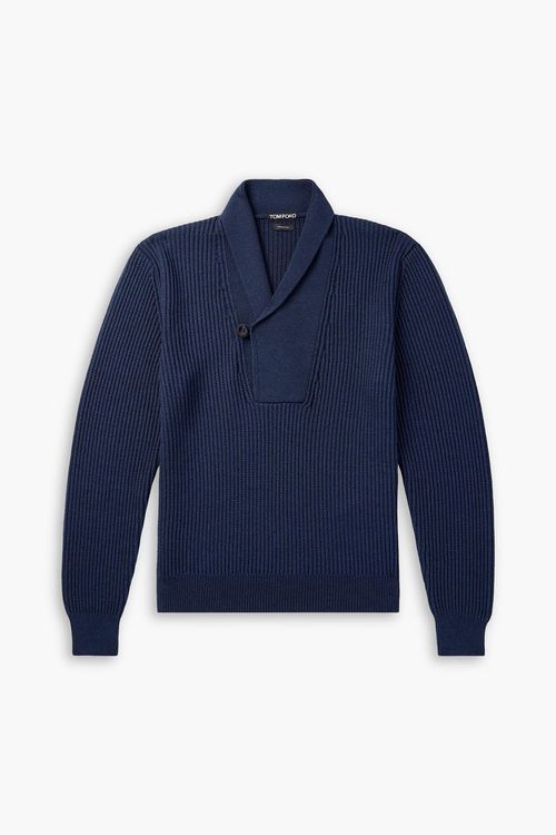 Slim-fit shawl-collar ribbed merino wool-blend half-placket sweater - Blue - IT 58