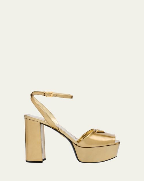 Metallic Leather Ankle-Strap Platform Sandals