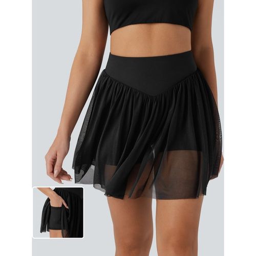 Halara High Waisted Tummy Control 2-in-1 Pocket Mesh Mini Pickleball Skirt - Carbon Black - XLregular
