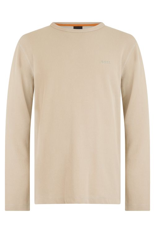 Cotton-Blend Ribbed Long-Sleeve T-Shirt — Beige